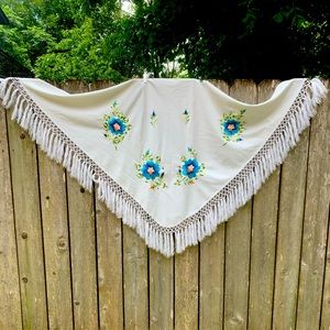 Off-white shawl with embroidered blue flowers